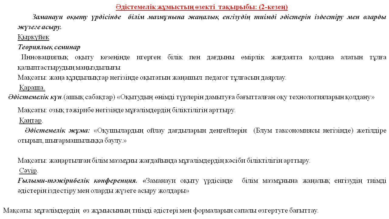 Жаңартылған білім мазмұны жағдайында тұлғаның оқу-танымдық қызметі барысында білімді сапалы игеруін қамтамасыз ету.